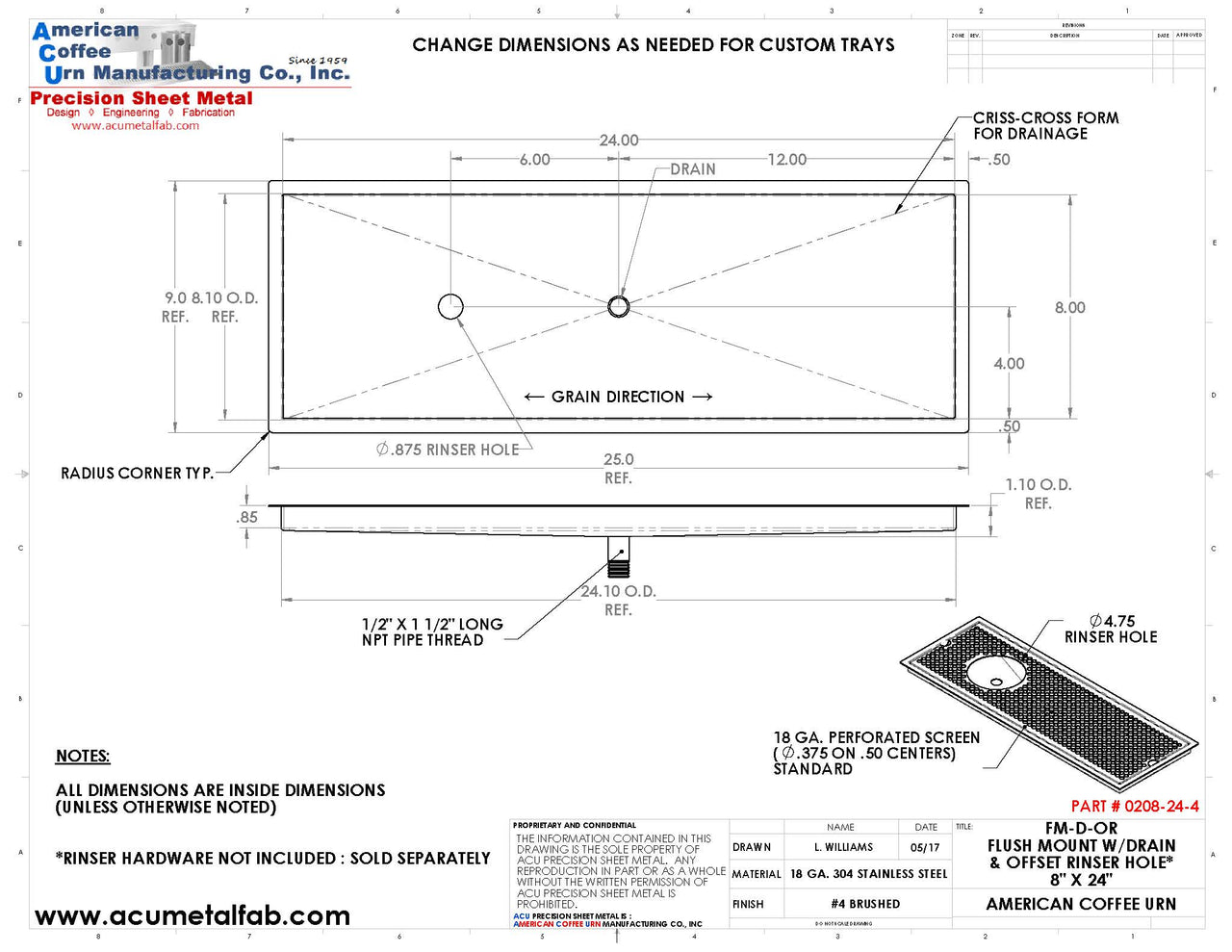 Flush Mount w/ Center Drain and Offset Rinser Hole 8" X 24" X ¾" Drip Tray | Recessed | S/S # 4