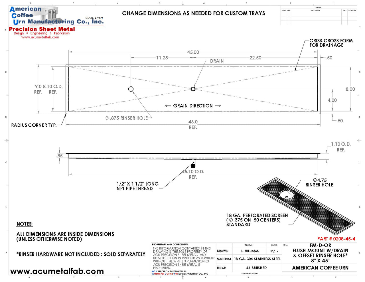 Flush Mount w/ Center Drain and Offset Rinser Hole 8" X 45" X ¾" Drip Tray | Recessed | S/S # 4