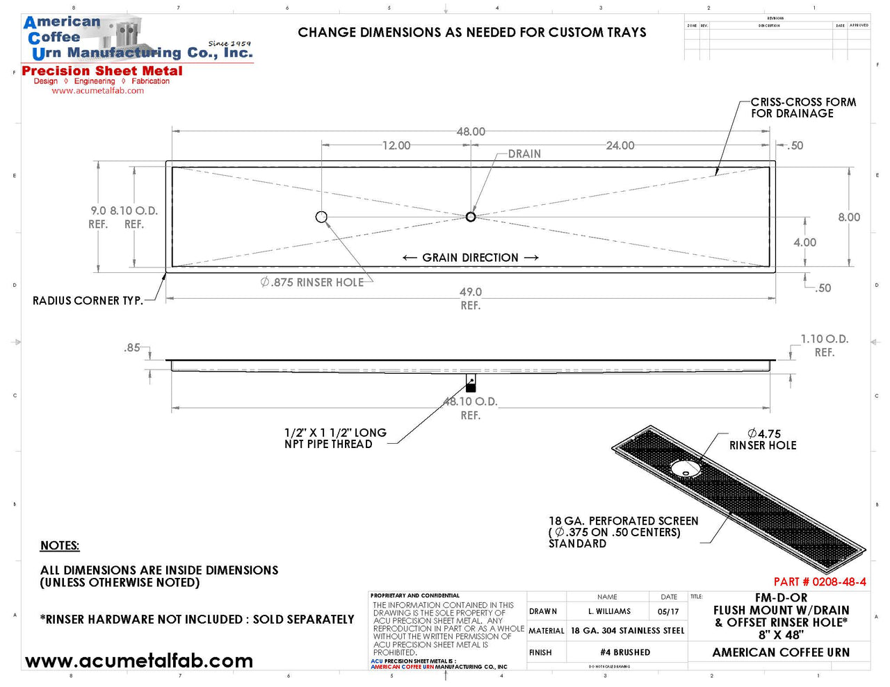 Flush Mount w/ Center Drain and Offset Rinser Hole 8" X 48" X ¾" Drip Tray | Recessed | S/S # 4