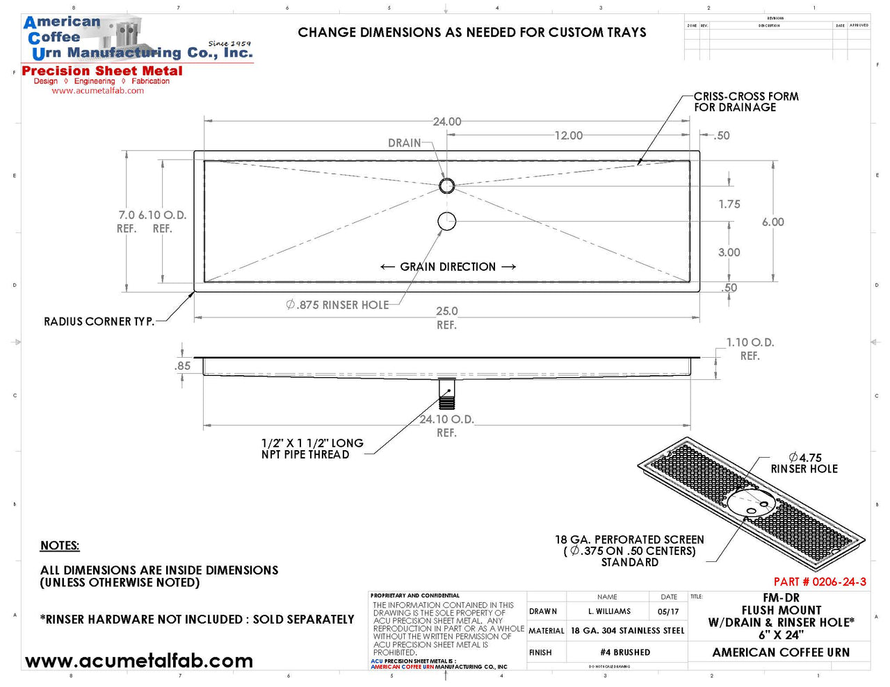 Flush Mount with Rinser Hole 6" X 24" X ¾" Drip Tray | Recessed | S/S # 4