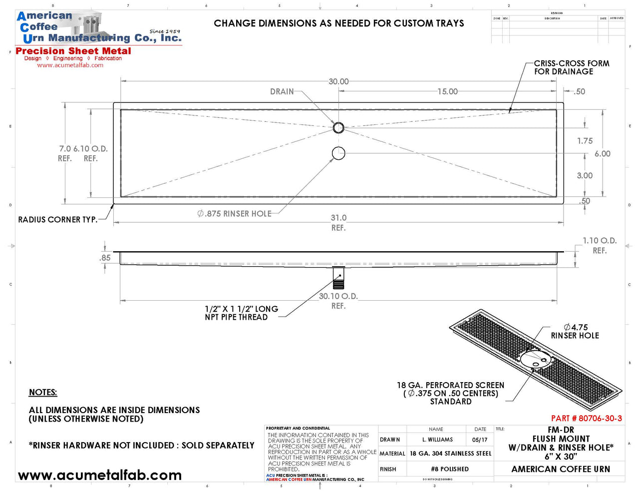 Flush Mount with Rinser Hole 6" X 30" X ¾" Drip Tray | Recessed | S/S # 8