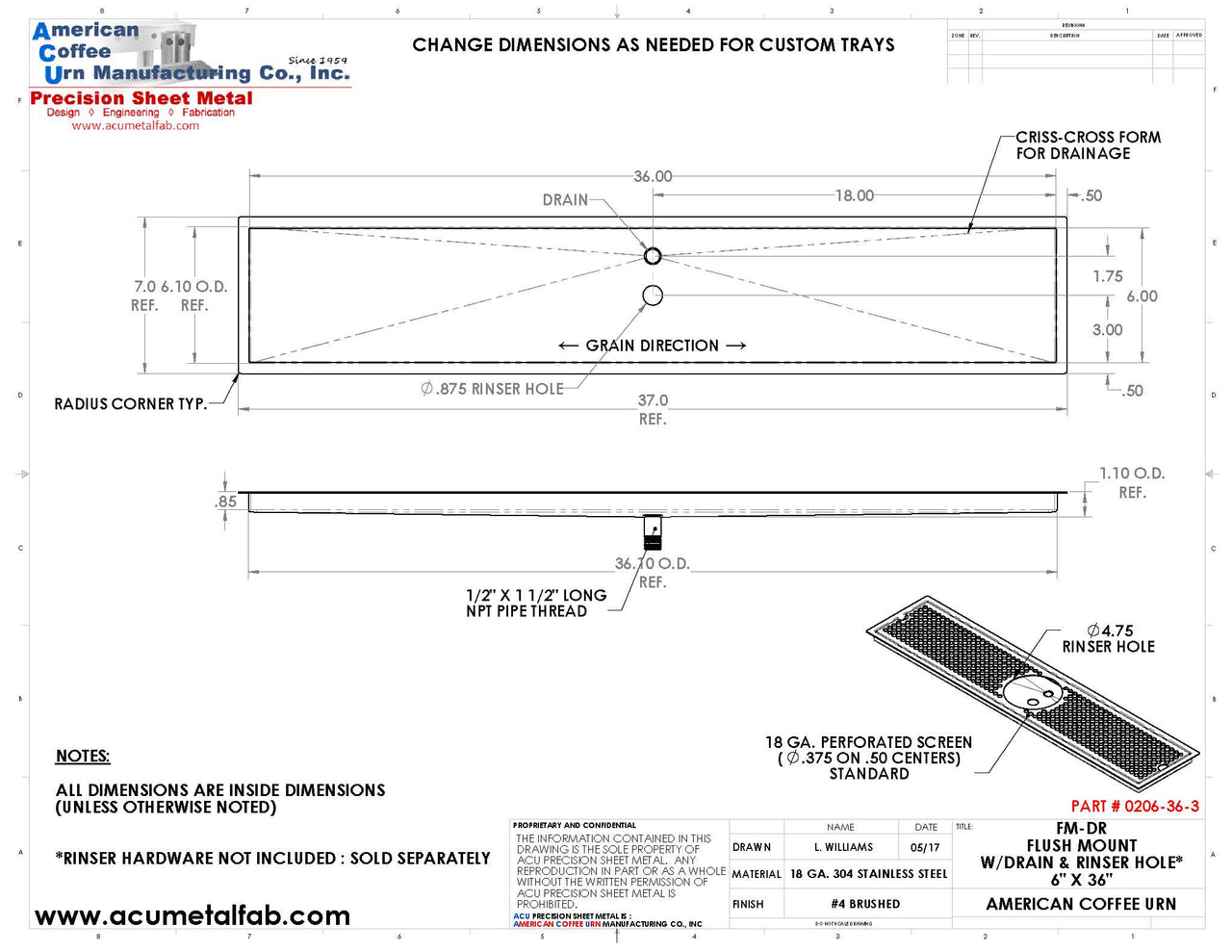 Flush Mount with Rinser Hole 6" X 36" X ¾" Drip Tray | Recessed | S/S # 4