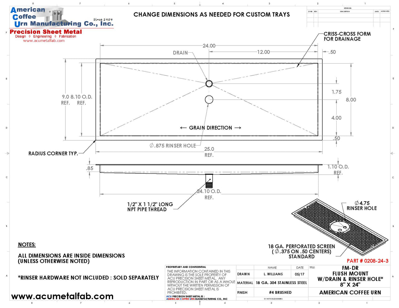 Flush Mount with Rinser Hole 8" X 24" X ¾" Drip Tray | Recessed | S/S # 4