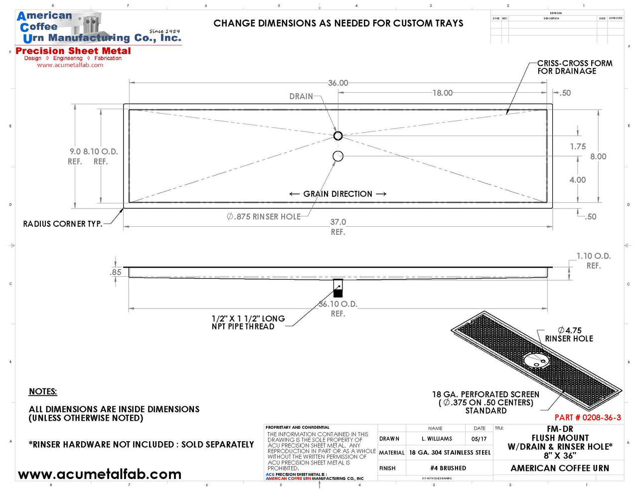 Flush Mount with Rinser Hole 8" X 36" X ¾" Drip Tray | Recessed | S/S # 4