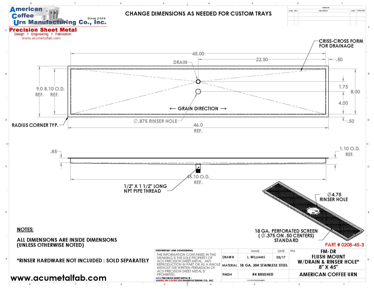 Flush Mount with Rinser Hole 8" X 45" X ¾" Drip Tray | Recessed | S/S # 4