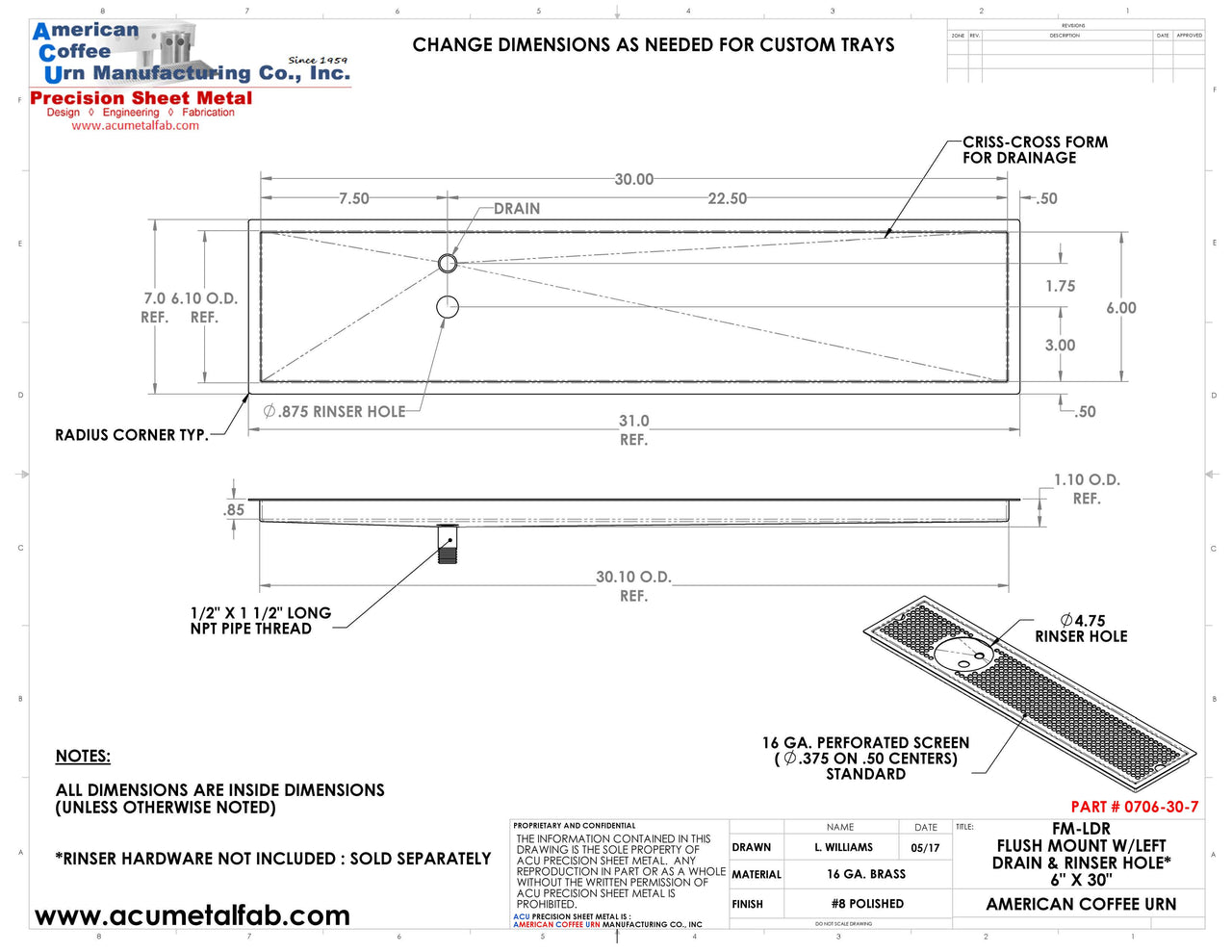 Flush Mount w/ Left Drain and Rinser Hole 6" X 30" X ¾" Drip Tray | Recessed | Brass