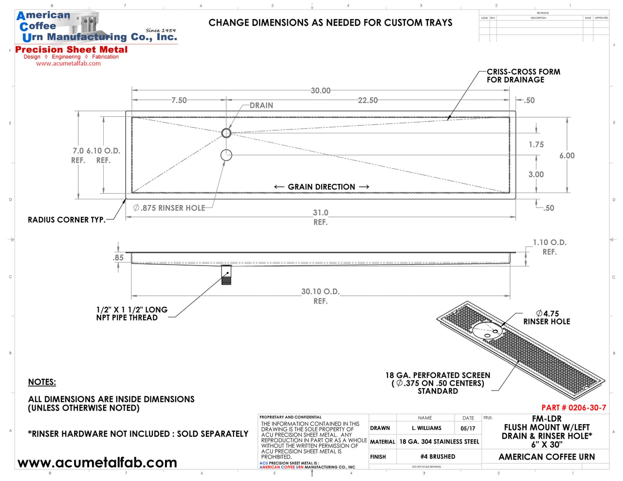 Flush Mount w/ Left Drain and Rinser Hole 6" X 30" X ¾" Drip Tray | Recessed | S/S # 4