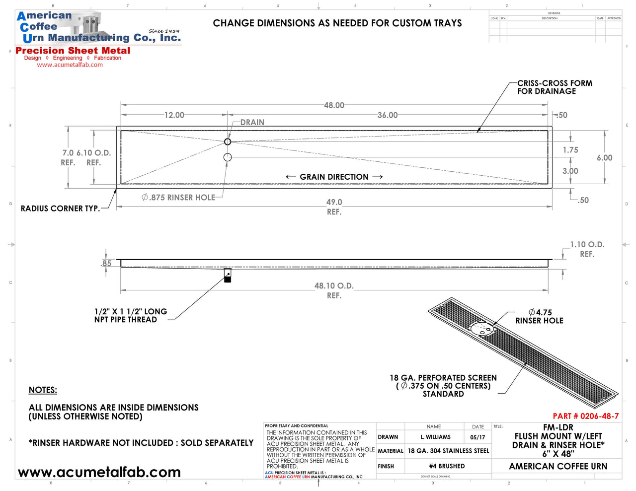 Flush Mount w/ Left Drain and Rinser Hole 6" X 48" X ¾" Drip Tray | Recessed | S/S # 4