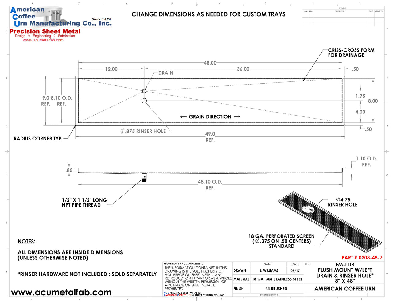 Flush Mount w/ Left Drain and Rinser Hole 8" X 48" X ¾" Drip Tray | Recessed | S/S # 4