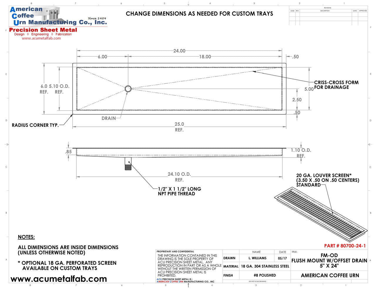 Flush Mount with Offset Drain 5" X 24" Drip Tray | Recessed | S/S # 8