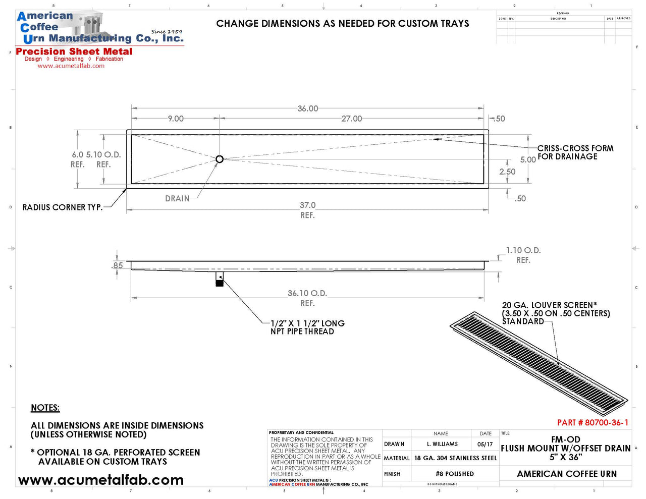 Flush Mount with Offset Drain 5" X 36" Drip Tray | Recessed | S/S # 8