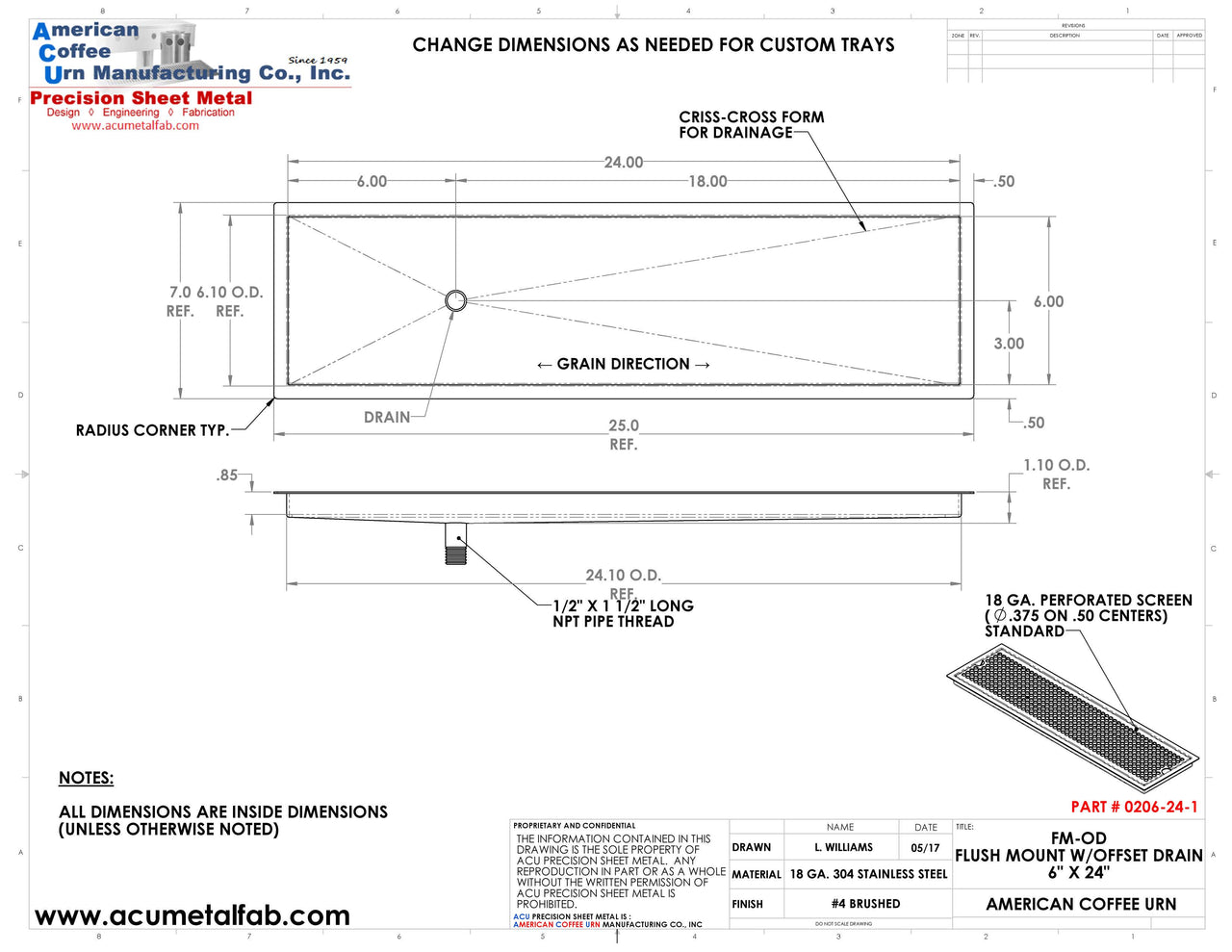 Flush Mount with Offset Drain 6" X 24" X ¾" Drip Tray | Recessed | S/S # 4