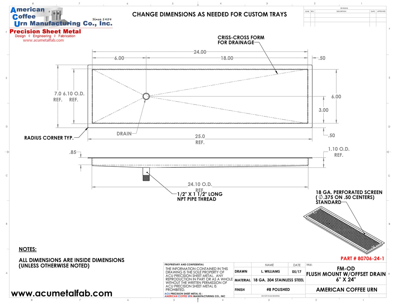 Flush Mount with Offset Drain 6" X 24" X ¾" Drip Tray | Recessed | S/S # 8