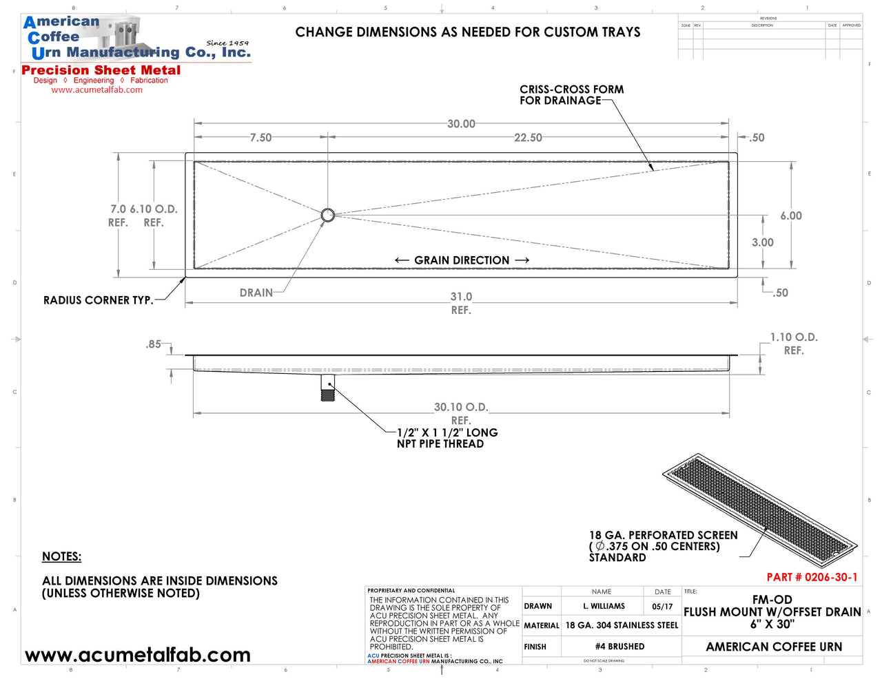 Flush Mount with Offset Drain 6" X 30" X ¾" Drip Tray | Recessed | S/S # 4