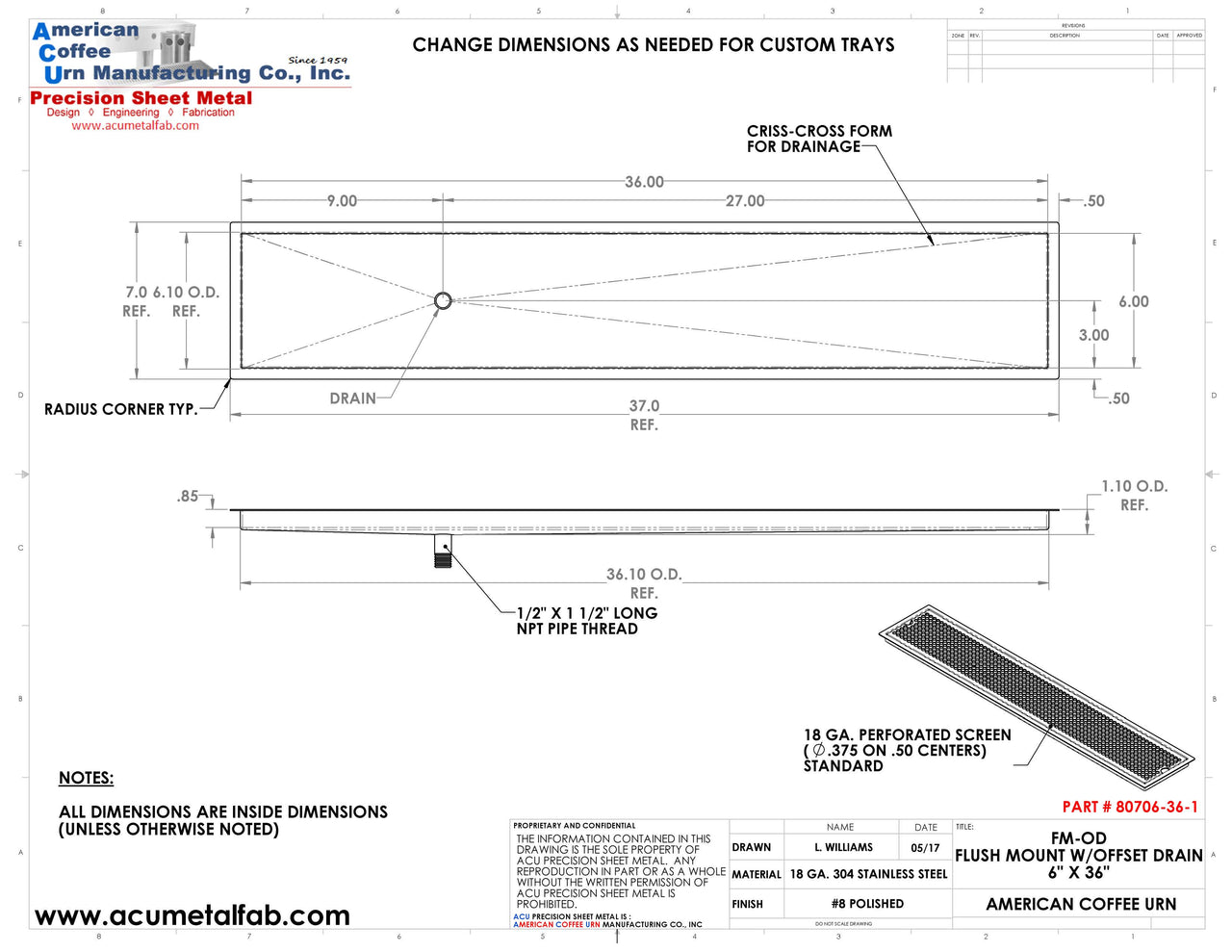 Flush Mount with Offset Drain 6" X 36" X ¾" Drip Tray | Recessed | S/S # 8