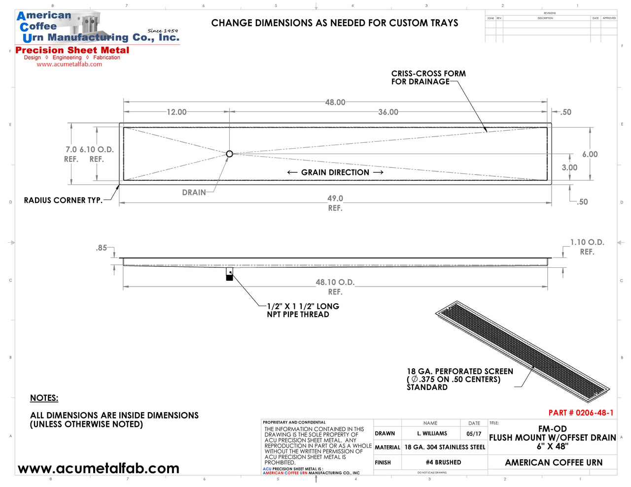 Flush Mount with Offset Drain 6" X 48" X ¾" Drip Tray | Recessed | S/S # 4