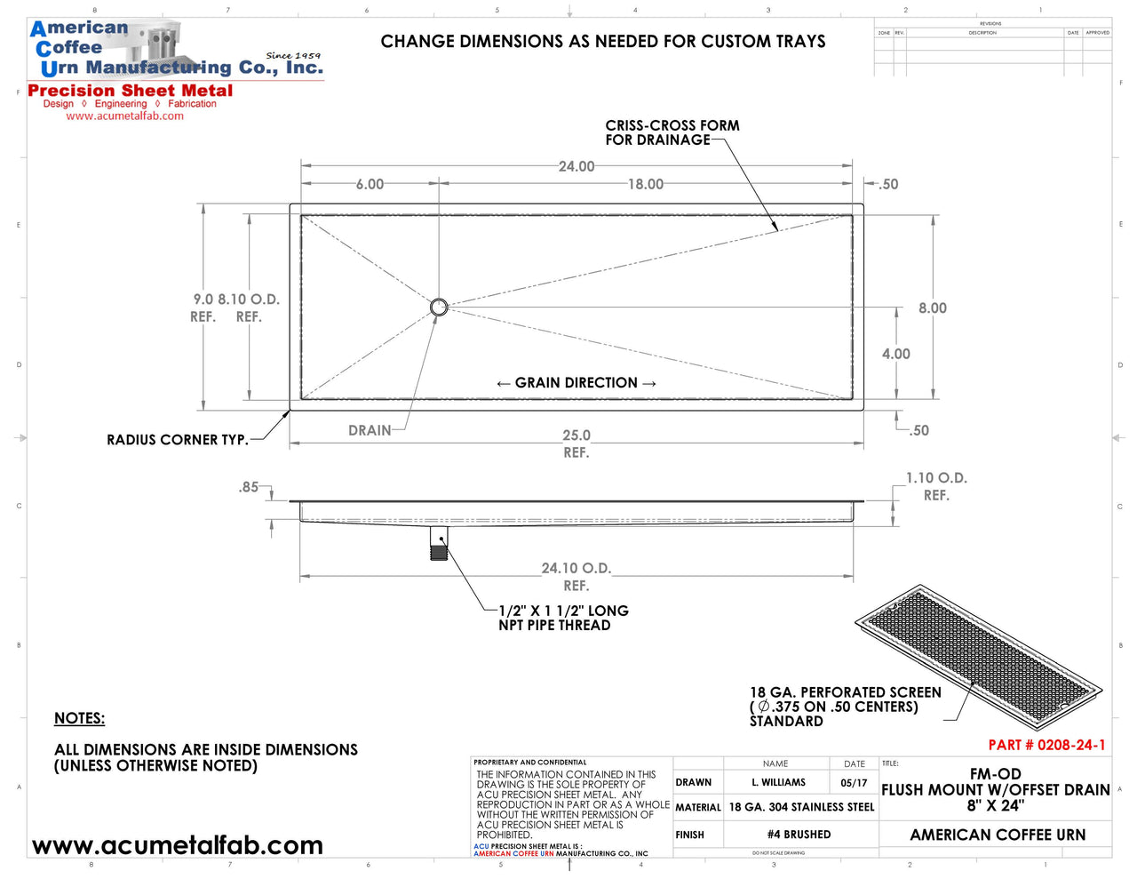 Flush Mount with Offset Drain 8" X 24" X ¾" Drip Tray | Recessed | S/S # 4