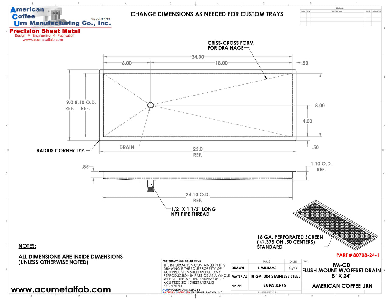 Flush Mount with Offset Drain 8" X 24" X ¾" Drip Tray | Recessed | S/S # 8