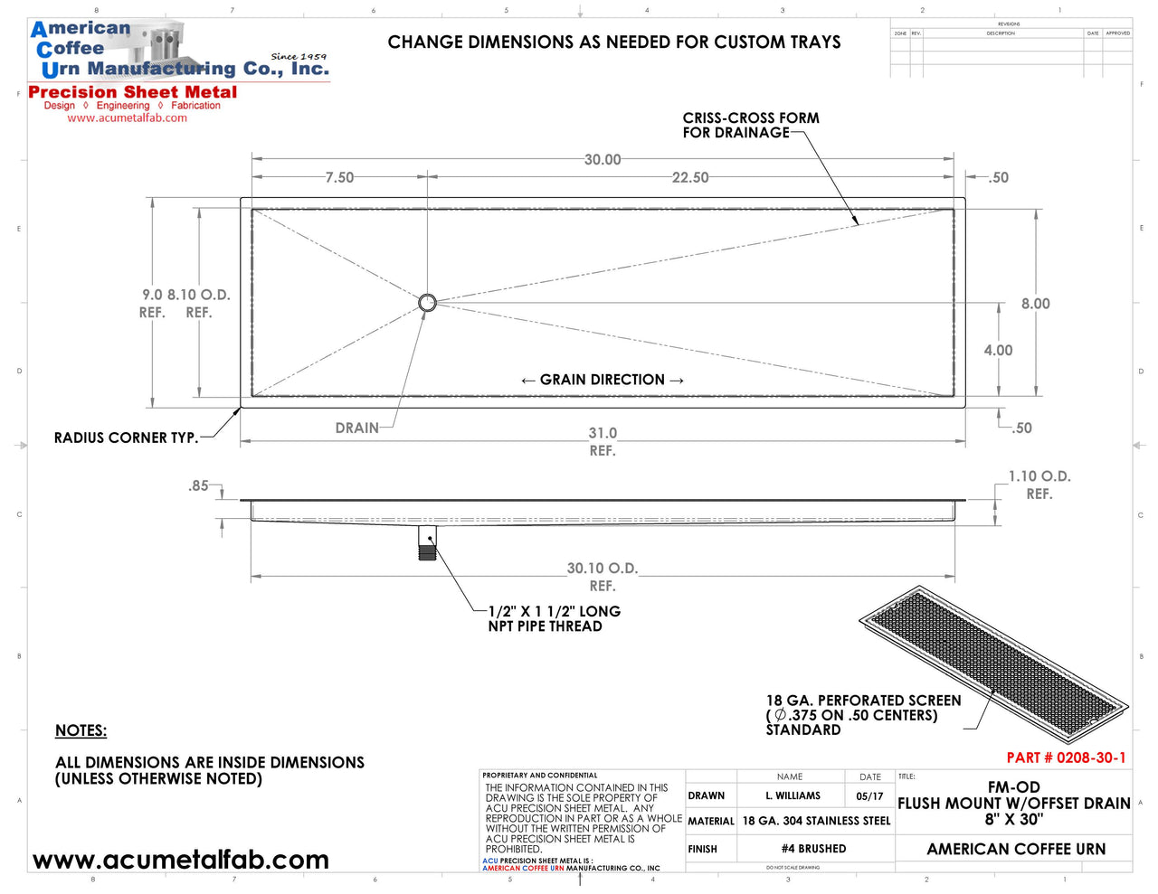 Flush Mount with Offset Drain 8" X 30" X ¾" Drip Tray | Recessed | S/S # 4