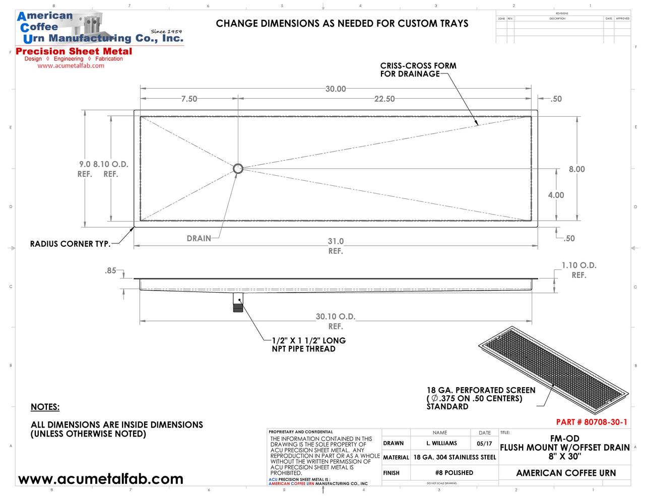 Flush Mount with Offset Drain 8" X 30" X ¾" Drip Tray | Recessed | S/S # 8