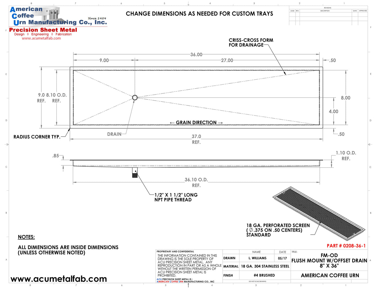 Flush Mount with Offset Drain 8" X 36" X ¾" Drip Tray | Recessed | S/S # 4