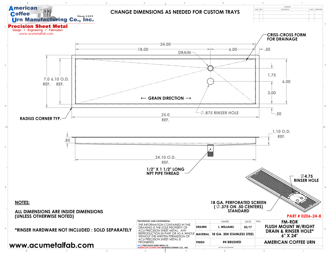 Flush Mount w/ Right Drain and Rinser Hole 6" X 24" X ¾" Drip Tray | Recessed | S/S # 4