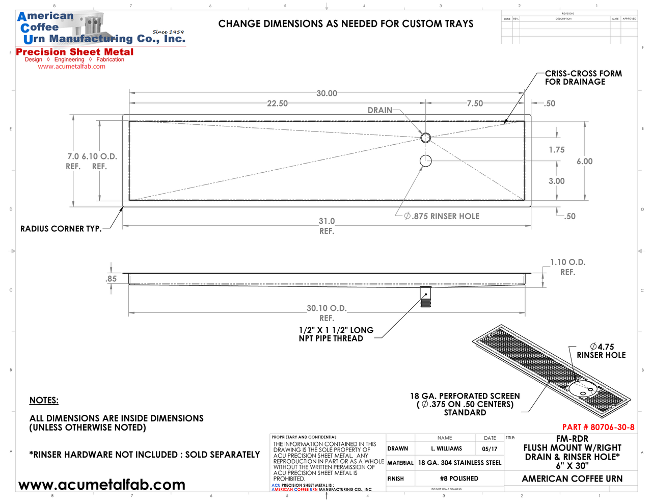 Flush Mount w/ Right Drain and Rinser Hole 6" X 30" X ¾" Drip Tray | Recessed | S/S # 8