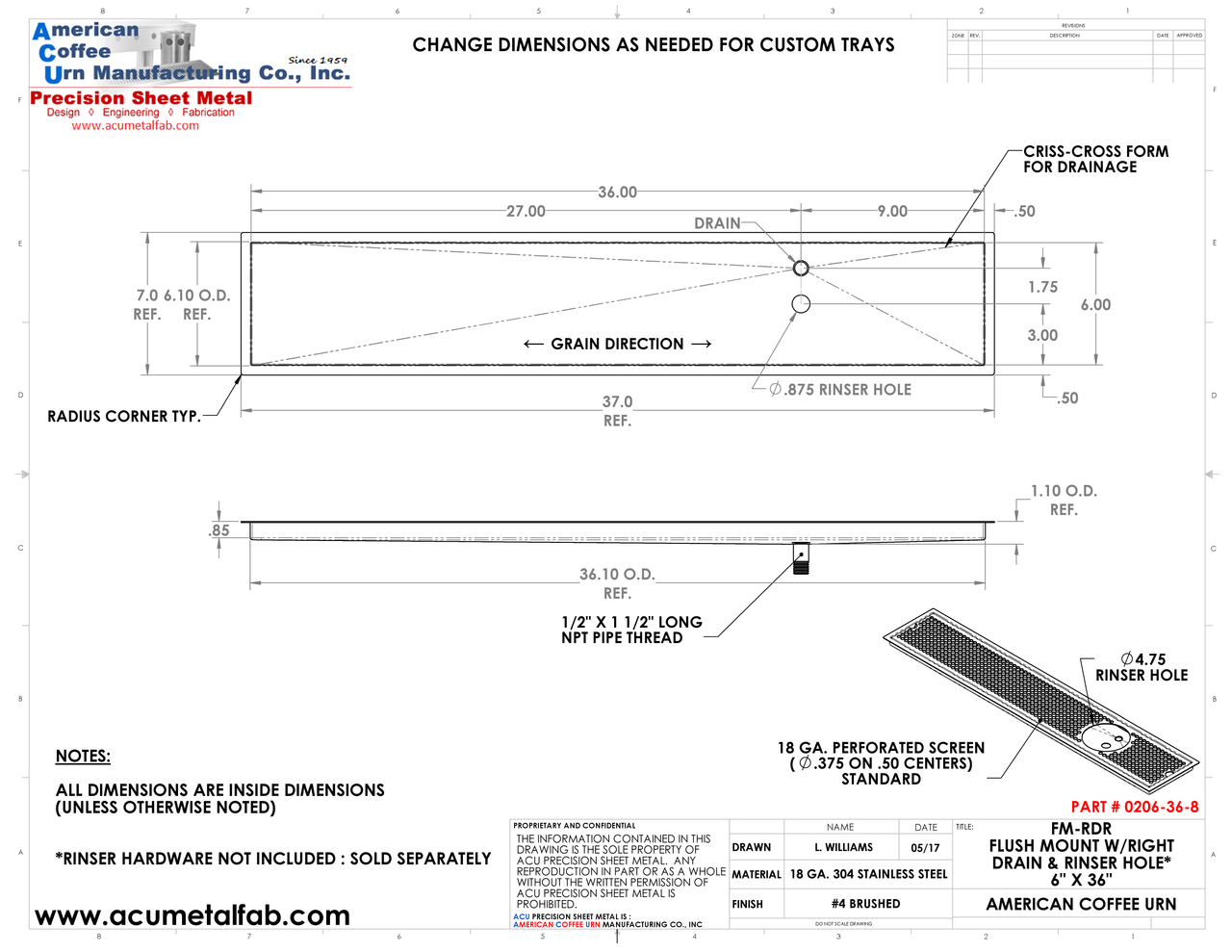 Flush Mount w/ Right Drain and Rinser Hole 6" X 36" X ¾" Drip Tray | Recessed | S/S # 4