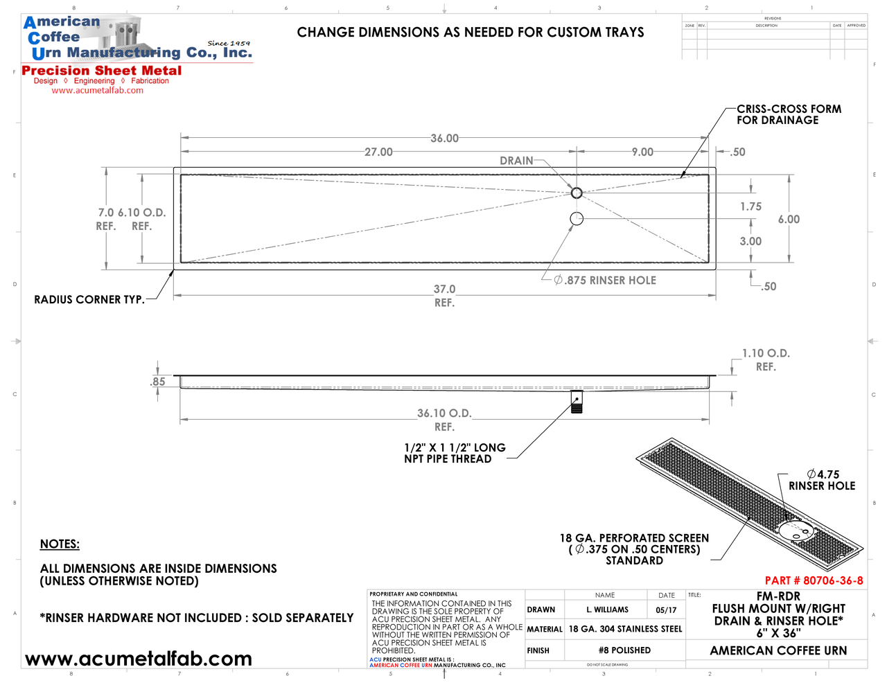 Flush Mount w/ Right Drain and Rinser Hole 6" X 36" X ¾" Drip Tray | Recessed | S/S # 8