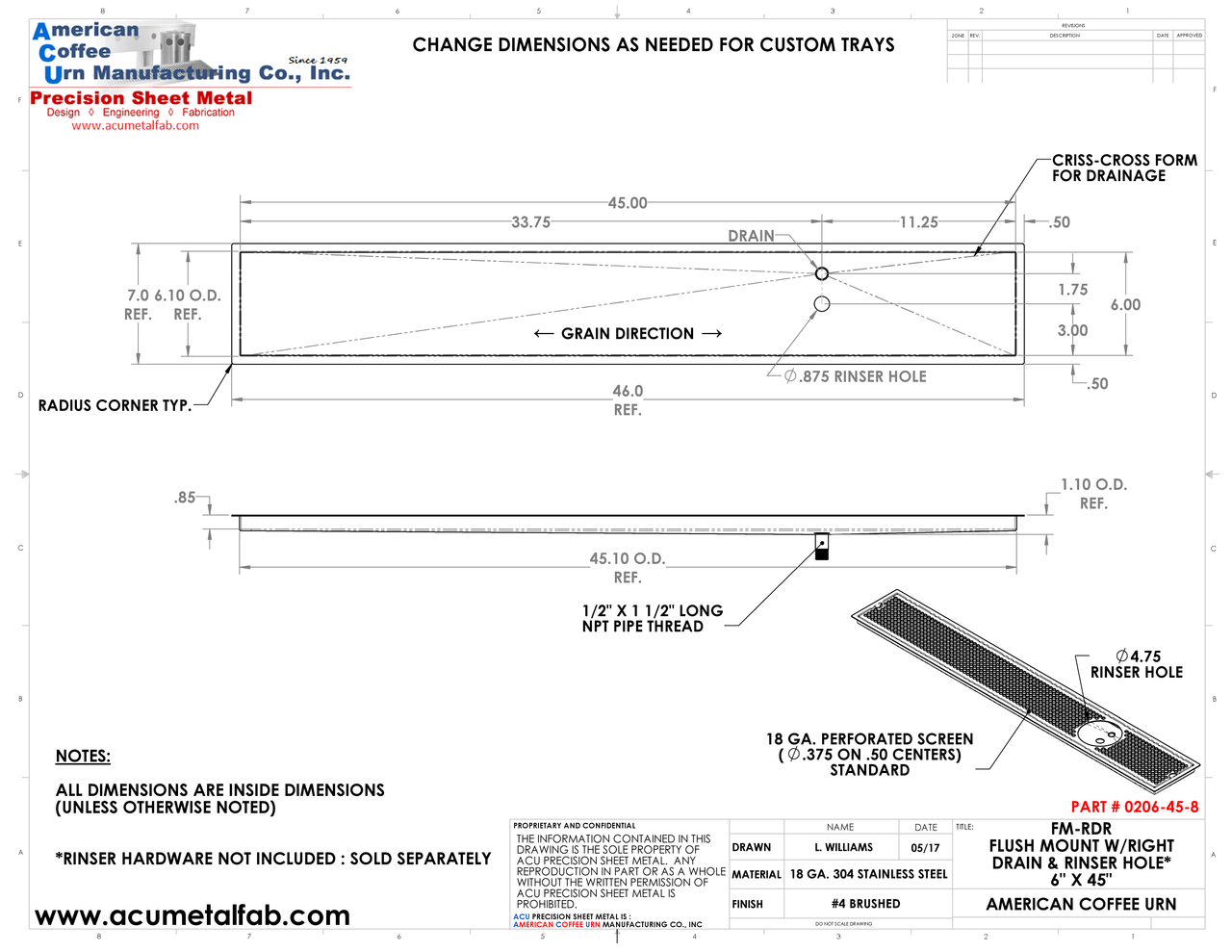 Flush Mount w/ Right Drain and Rinser Hole 6" X 45" X ¾" Drip Tray | Recessed | S/S # 4