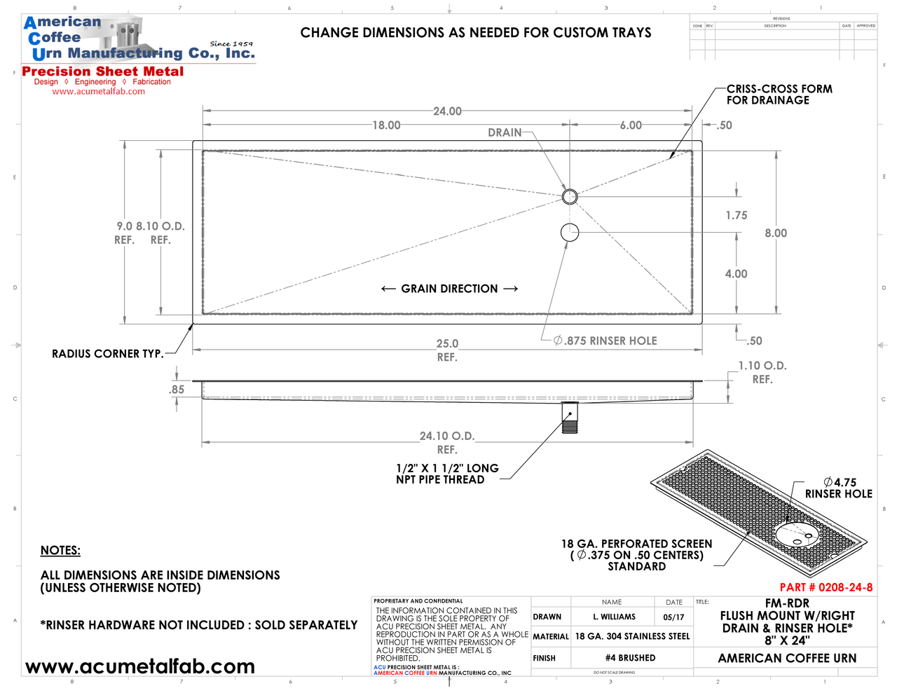 Flush Mount w/ Right Drain and Rinser Hole 8" X 24" X ¾" Drip Tray | Recessed | S/S # 4