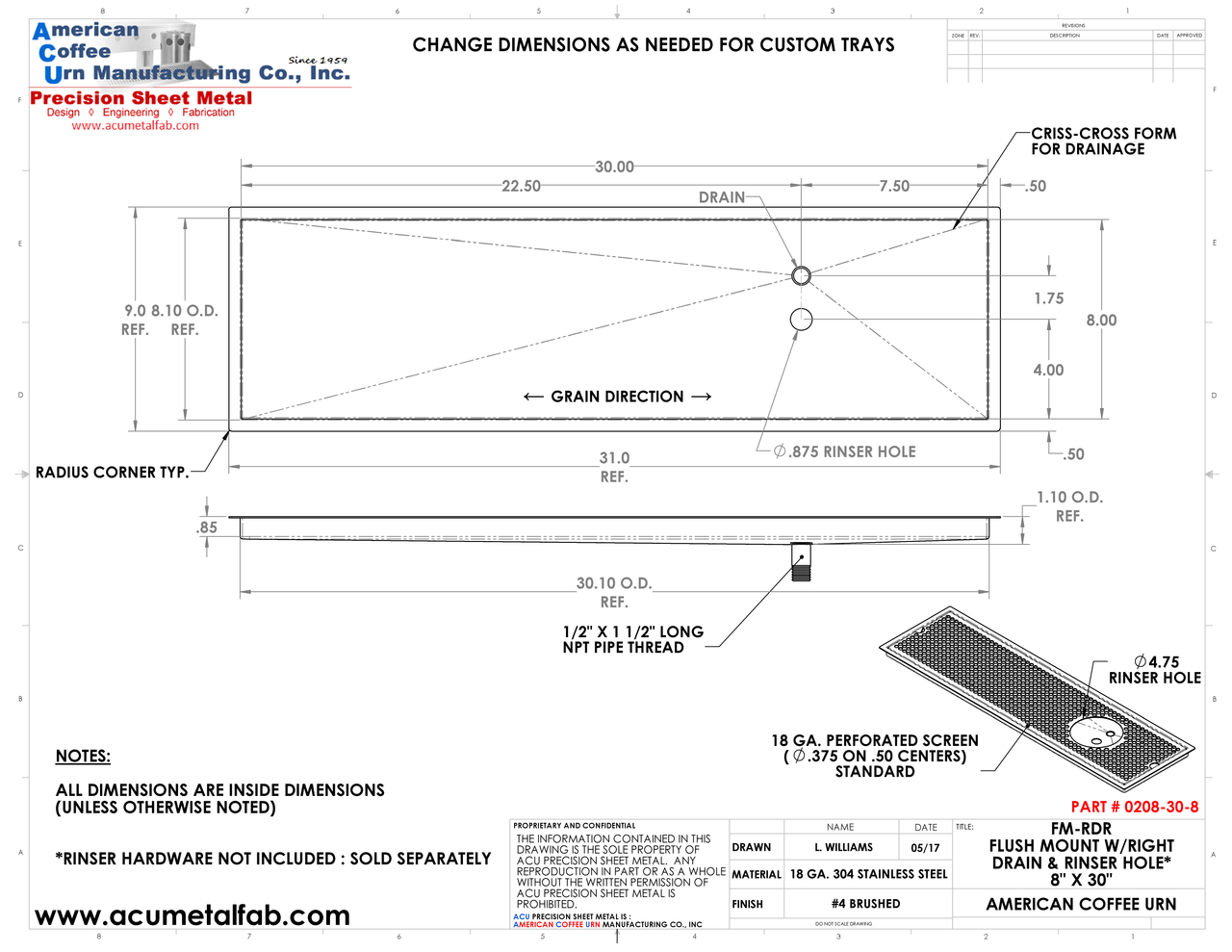 Flush Mount w/ Right Drain and Rinser Hole 8" X 30" X ¾" Drip Tray | Recessed | S/S # 4