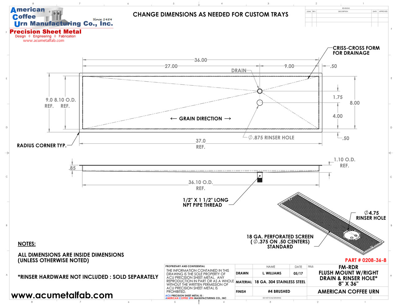 Flush Mount w/ Right Drain and Rinser Hole 8" X 36" X ¾" Drip Tray | Recessed | S/S # 4