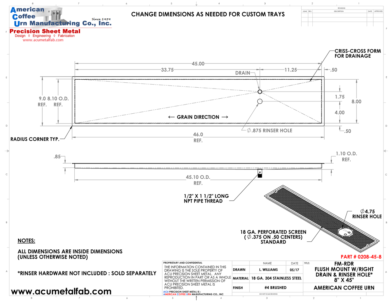 Flush Mount w/ Right Drain and Rinser Hole 8" X 45" X ¾" Drip Tray | Recessed | S/S # 4