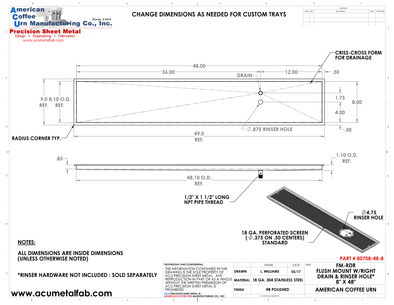 Flush Mount w/ Right Drain and Rinser Hole 8" X 48" X ¾" Drip Tray | Recessed | S/S # 8