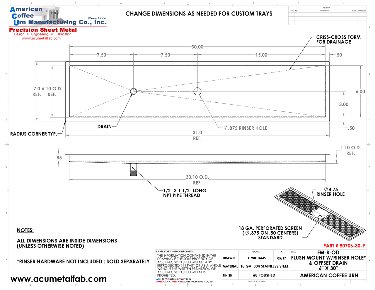 Flush Mount w/ Rinser Hole and Offset Drain 6" X 30" X ¾" Drip Tray | Recessed | S/S # 8