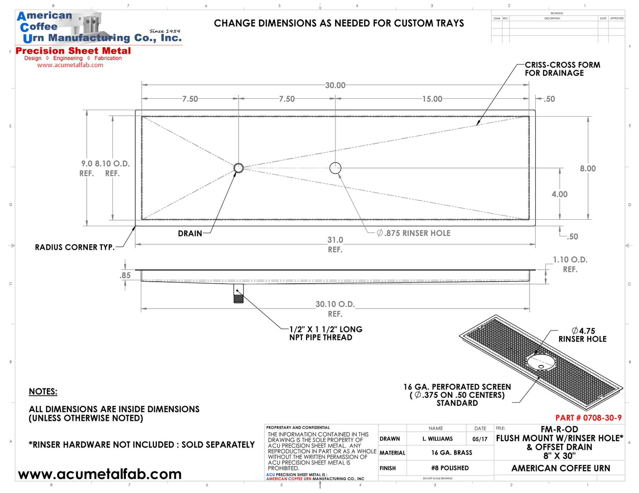 Flush Mount w/ Rinser Hole and Offset Drain 8" X 30" X ¾" Drip Tray | Recessed | Brass