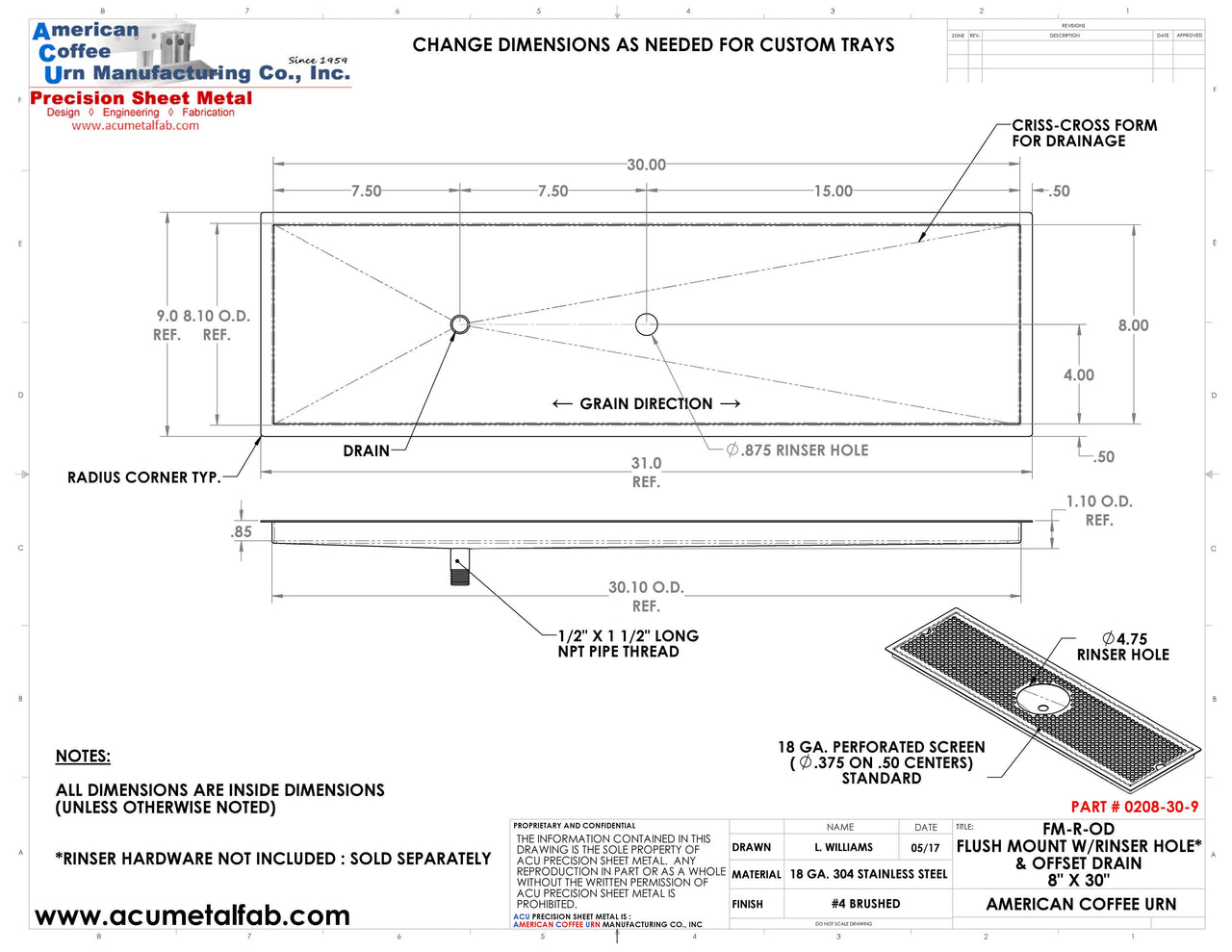 Flush Mount w/ Rinser Hole and Offset Drain 8" X 30" X ¾" Drip Tray | Recessed | S/S # 4