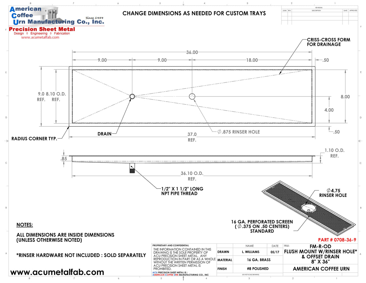 Flush Mount w/ Rinser Hole and Offset Drain 8" X 36" X ¾" Drip Tray | Recessed | Brass