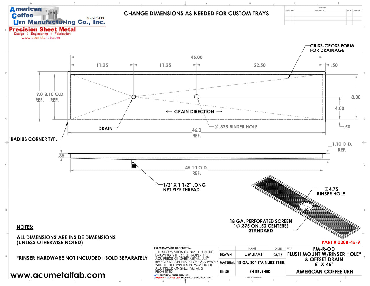 Flush Mount w/ Rinser Hole and Offset Drain 8" X 45" X ¾" Drip Tray | Recessed | S/S # 4