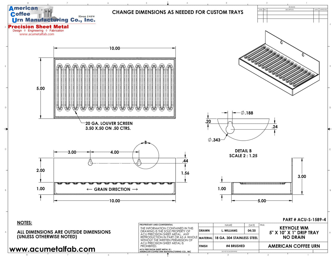 5" X 10" Stainless Steel Refrigerator Drip Tray