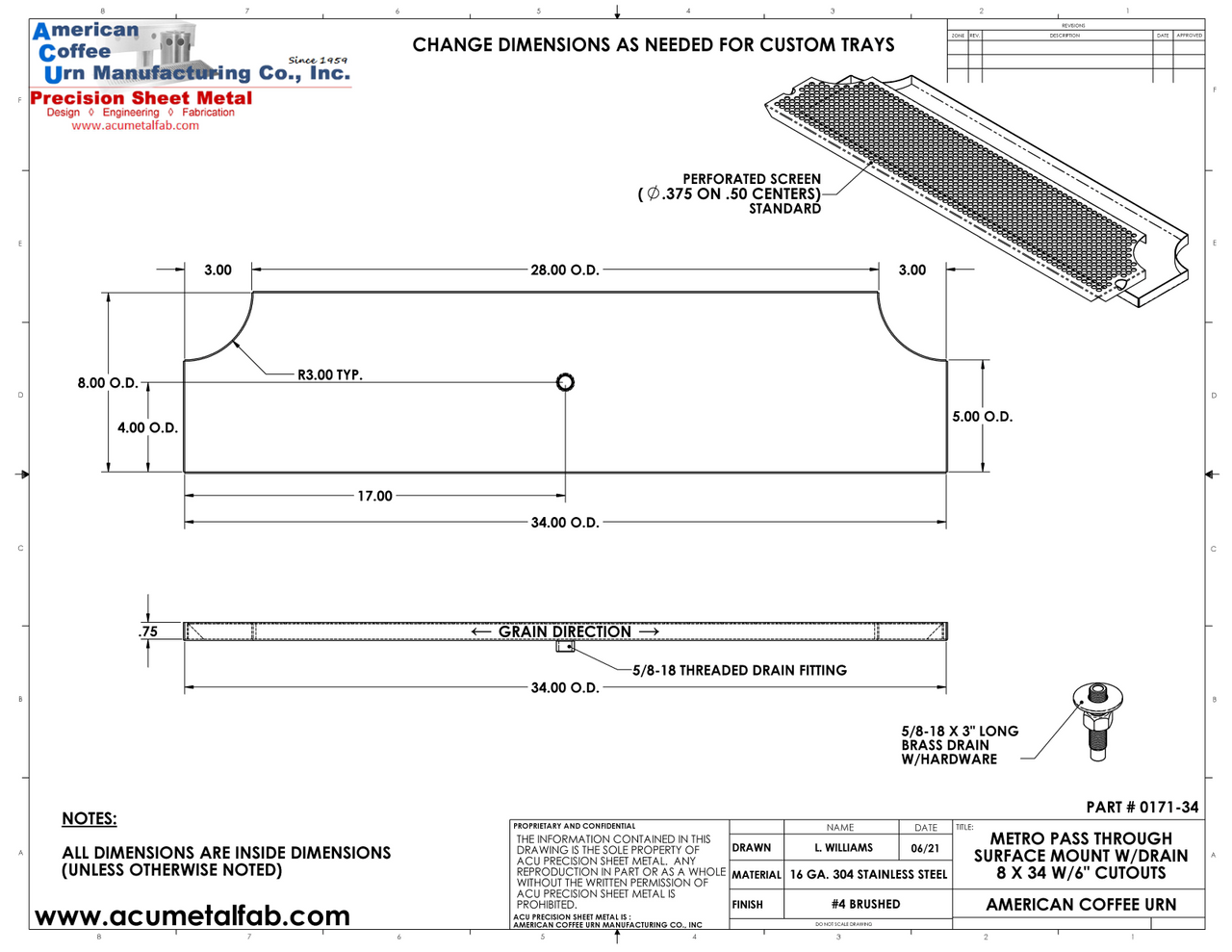 Surface Mount Drip Tray with Double Cut Outs and Drain | 8" X 34" X ¾" | SS #4