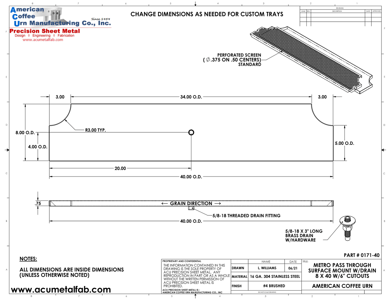 Surface Mount Drip Tray with Double Cut Outs and Drain | 8" X 40" X ¾" | SS #4