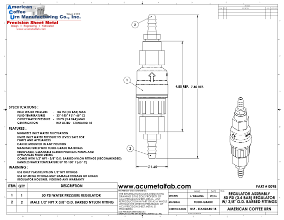 FloJet In-Line Water Pressure Regulator - ACU Precision Sheet Metal