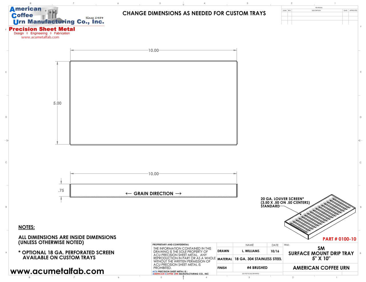 5" X 10" X 3/4" Surface Mount Drip Tray | No Drain | S/S # 4