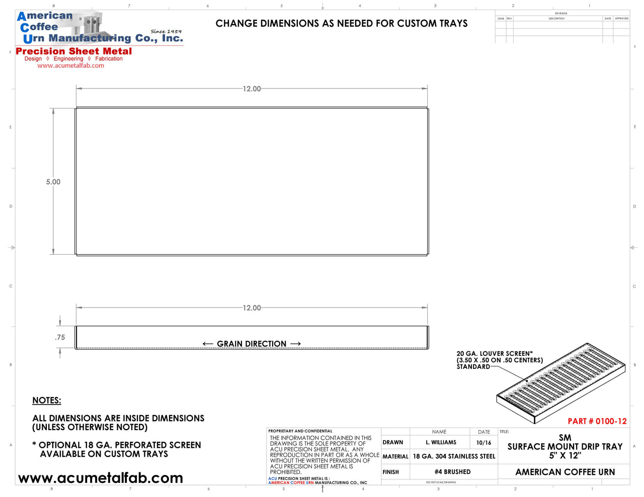 5" X 12" X 3/4 Surface Mount Drip Tray | No Drain | S/S # 4