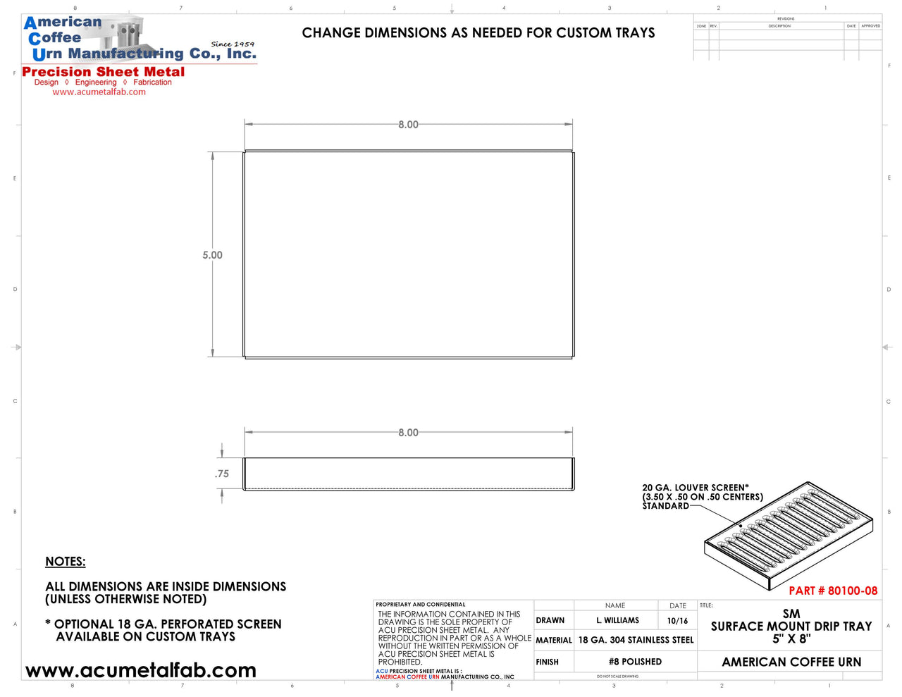 5" X 8" X 3/4" Surface Mount Drip Tray |No Drain | S/S # 8