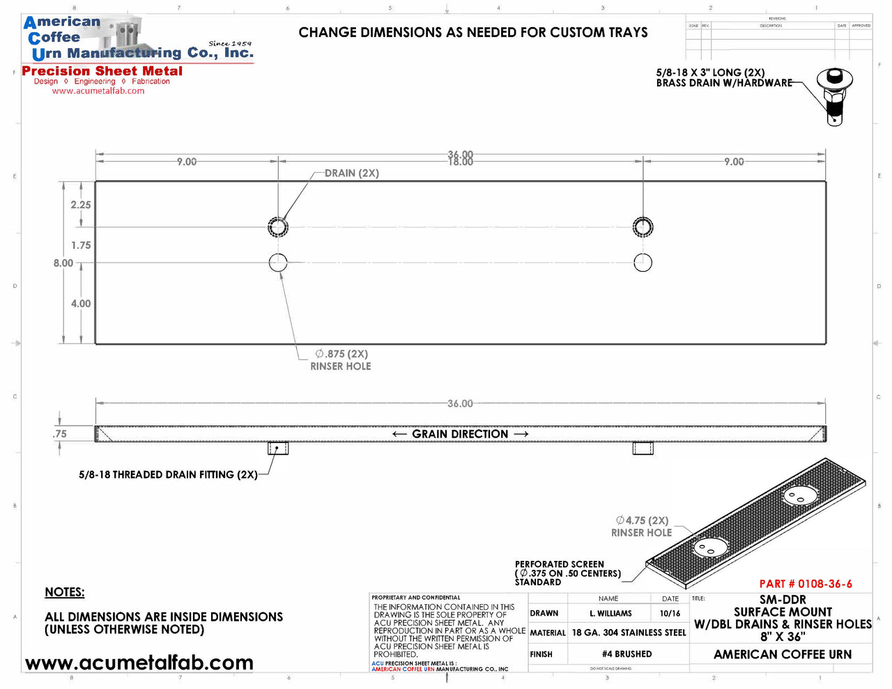 8" X 36" Surface Mount Drip Tray with Double Drain and Double Rinser Holes | S/S#4