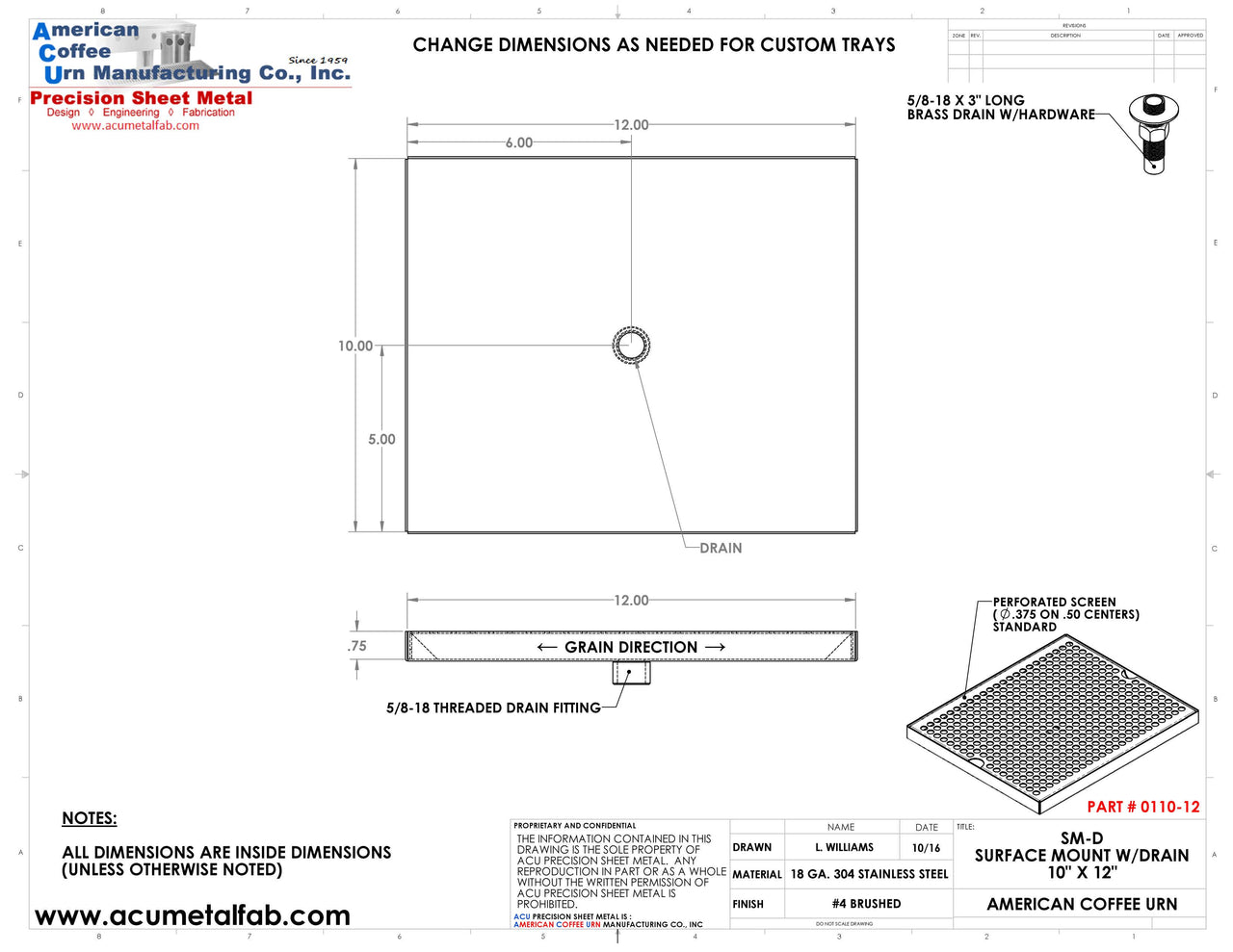 10" X 12" Surface Mount Drip Tray with Drain | S/S#4