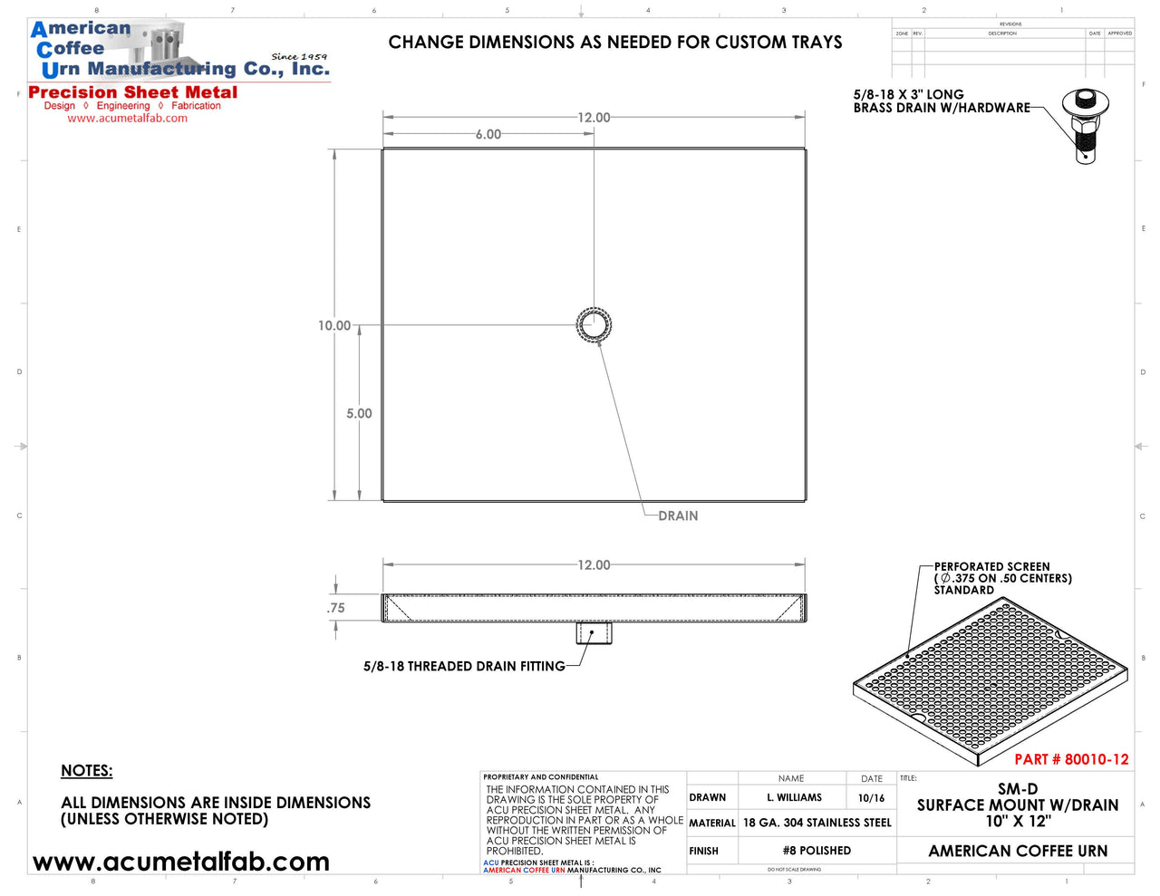 10" X 12" Surface Mount Drip Tray with Drain | S/S#8